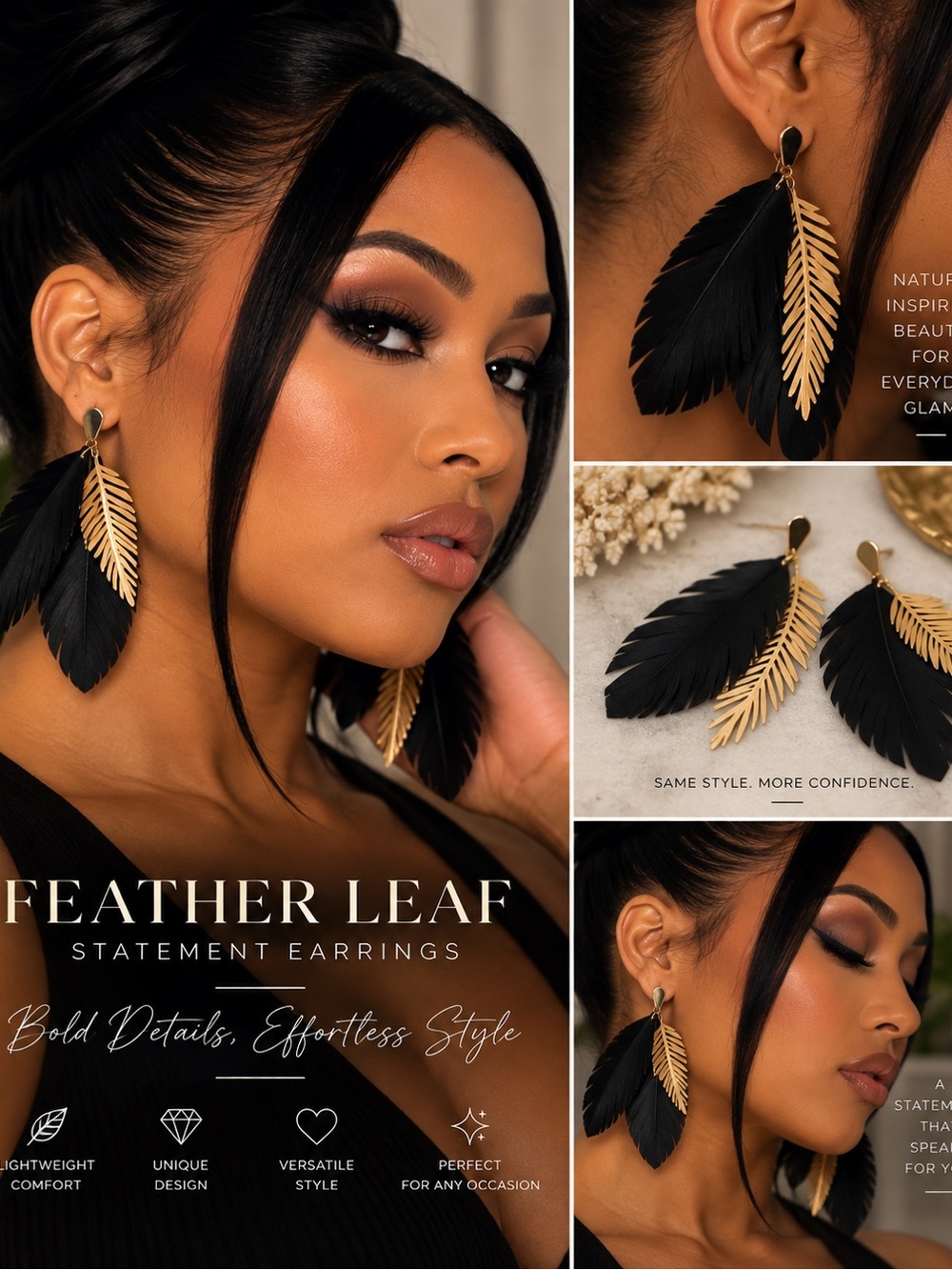 Feather Leaf Drop Earrings โ Black & Gold